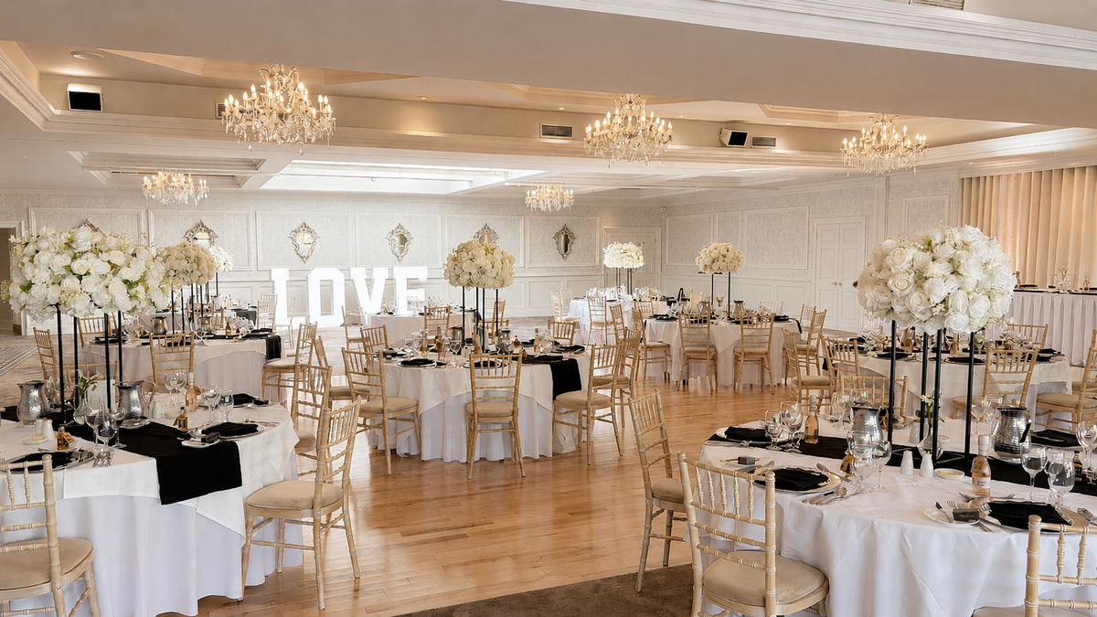 Black And White Theme with centrepieces, table runners, menus