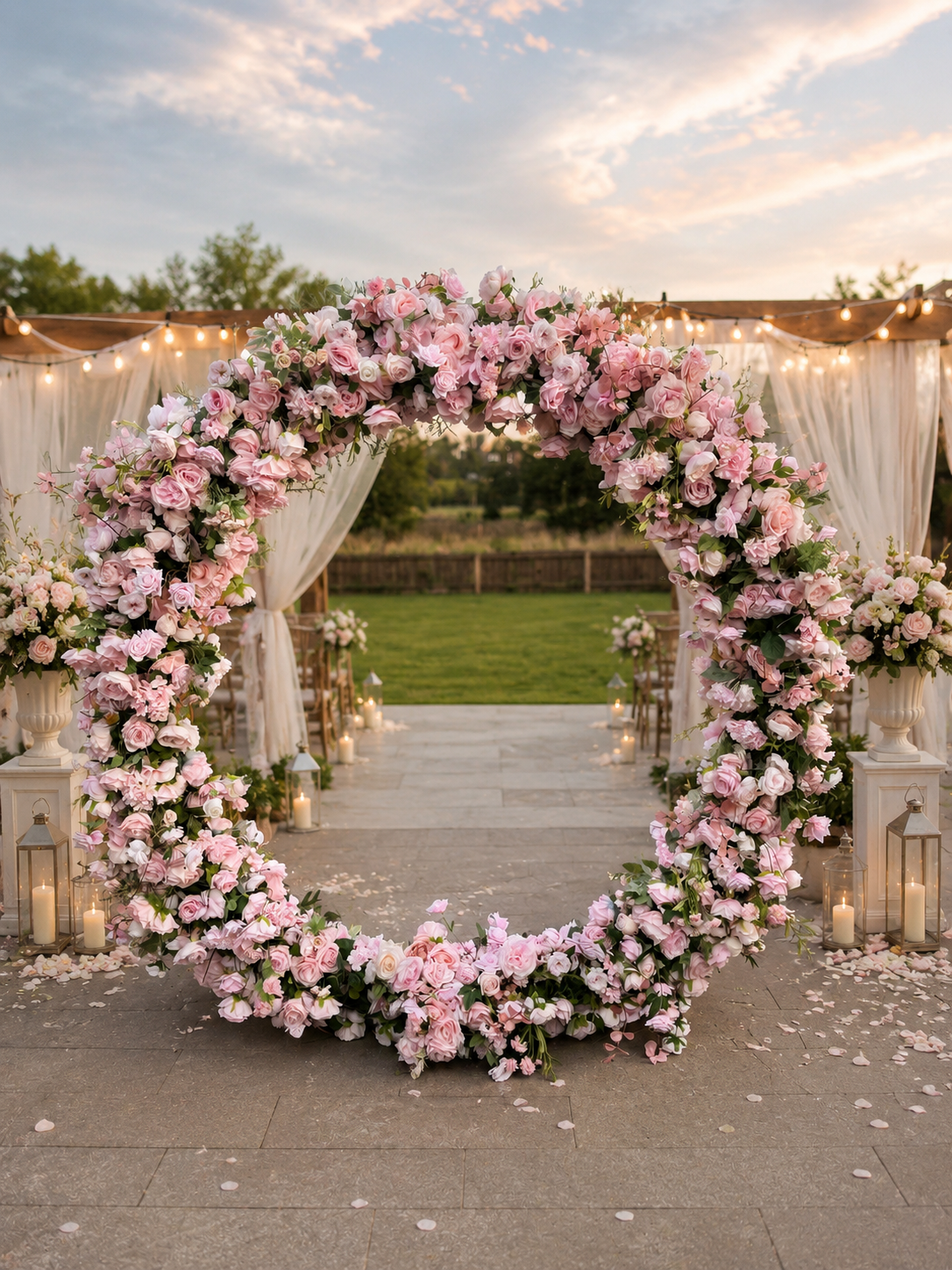 Round flower arch with white and pink roses