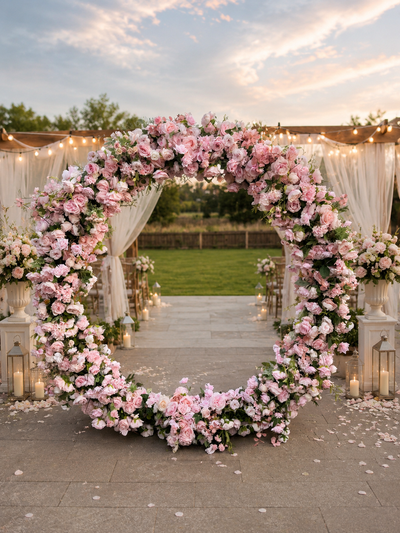Round flower arch with white and pink roses