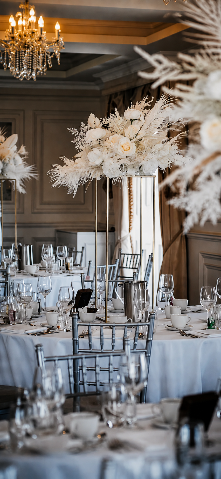 White Feather Flower Table Centrepieces.
