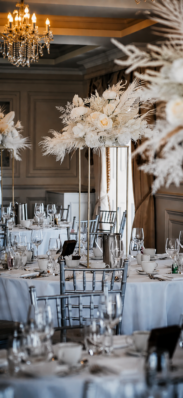 White Feather Flower Table Centrepieces.