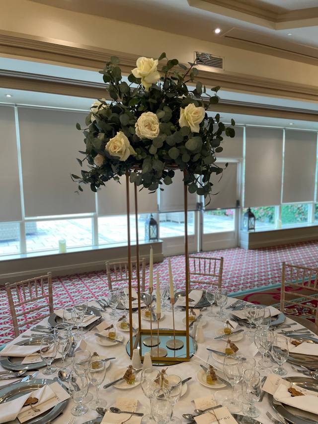 Elegant table centrepiece with flowers and candles