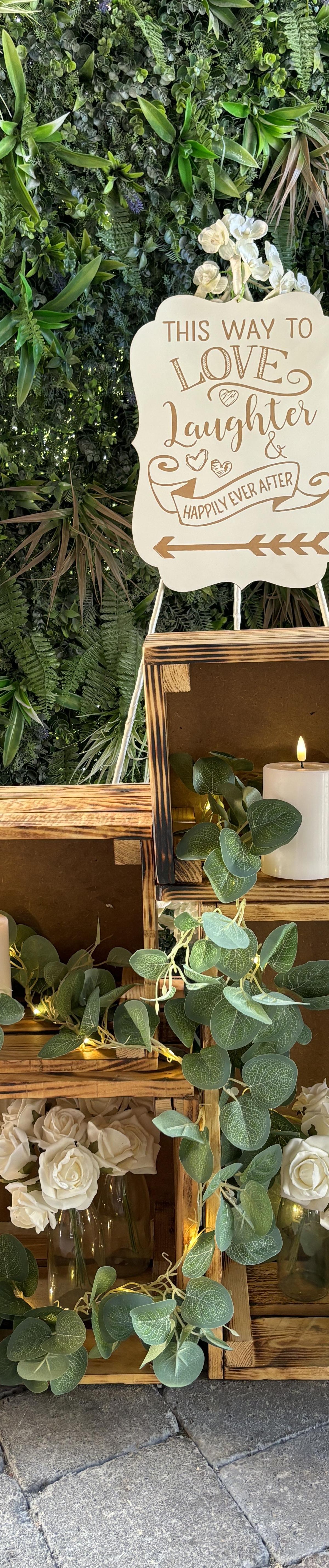 Rustic crates with flowers reception decor